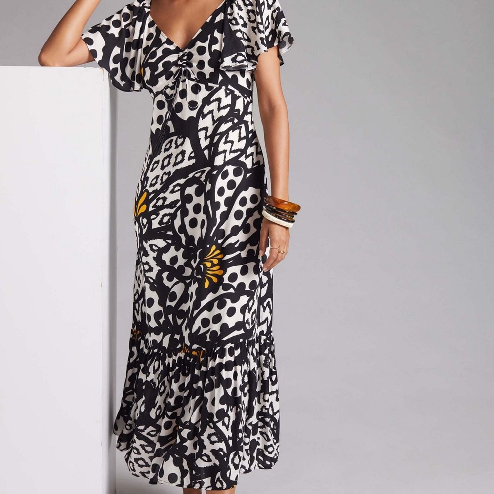 FARM Rio Black and White Fluttered Sleeve Maxi Dress with Yellow Accents